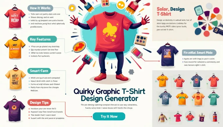 Unleash your creativity with our Quirky Graphic T-Shirt Design Generator! This infographic showcases how to create unique, eye-catching t-shirt designs effortlessly.