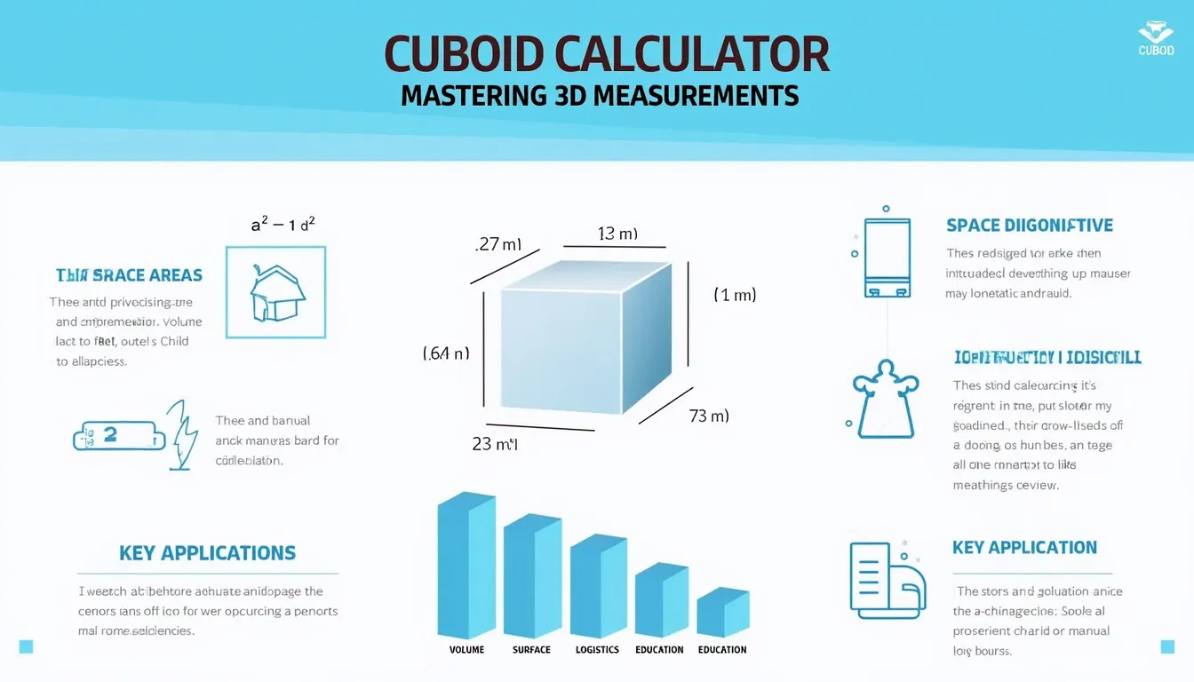 Discover the power of 3D measurements with our Cuboid Calculator infographic, showcasing formulas, applications, and benefits for effortless cuboid calculations.