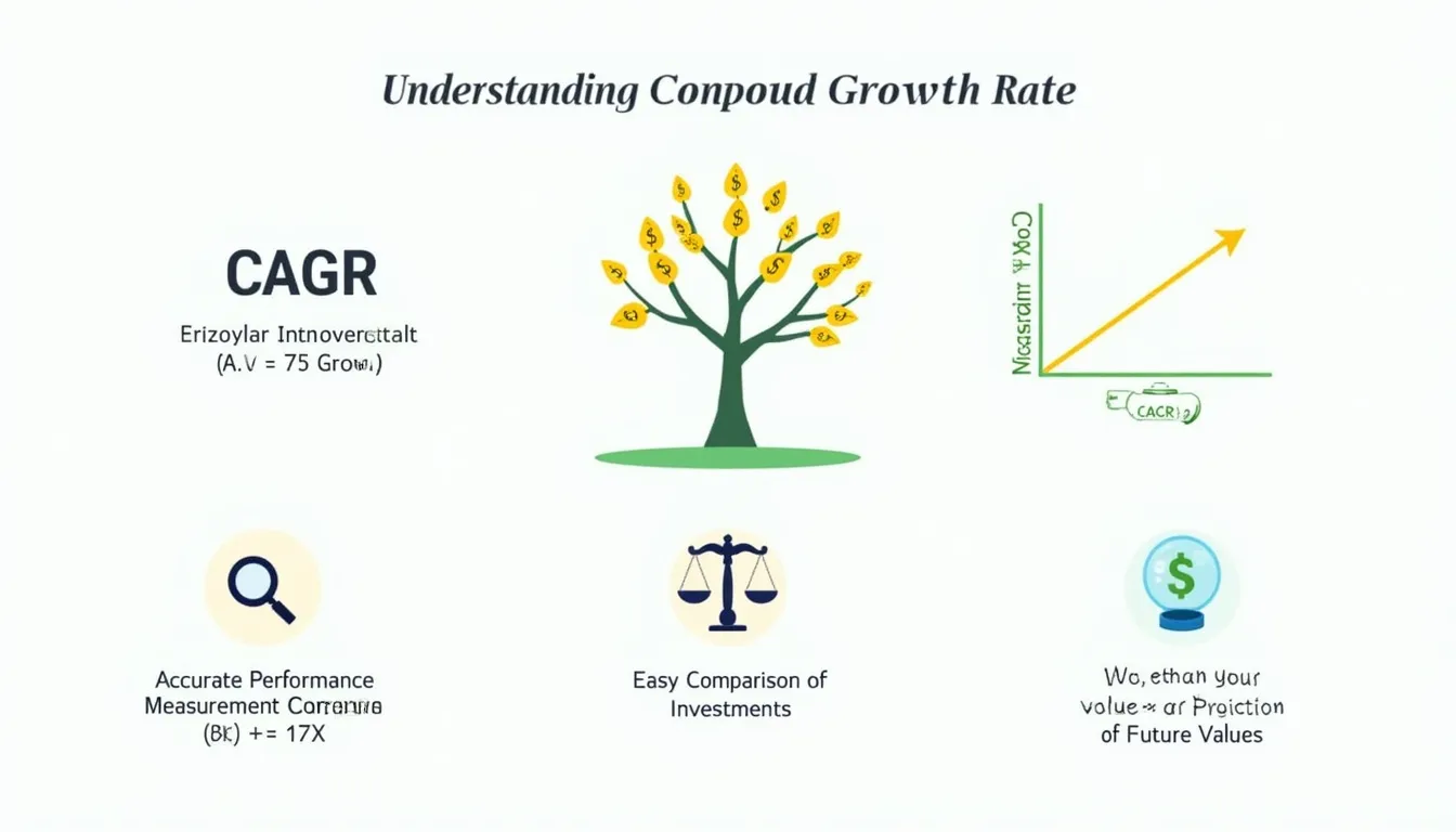 Unlock the power of Compound Annual Growth Rate (CAGR) with this informative infographic, showcasing its formula, benefits, and visual representation of investment growth over time.