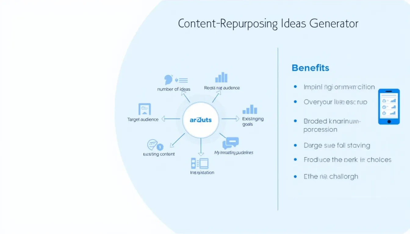 Unlock the power of your existing content with our Content Repurposing Ideas Generator infographic, showcasing key inputs and benefits for maximizing your content strategy.