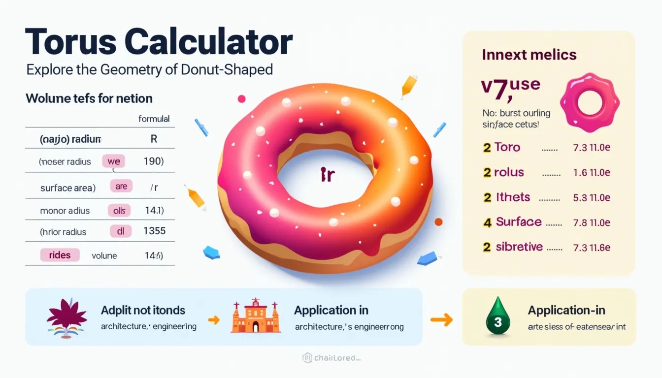 Discover the fascinating world of toroidal geometry with our Torus Calculator infographic, showcasing formulas, applications, and easy-to-follow usage instructions.