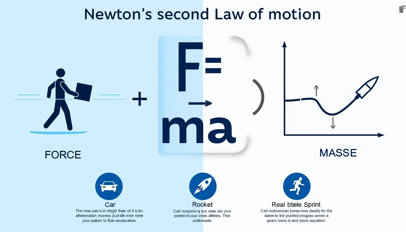 Discover the power of Newton's Second Law in this eye-catching infographic, illustrating how force, mass, and acceleration interact in our daily lives.