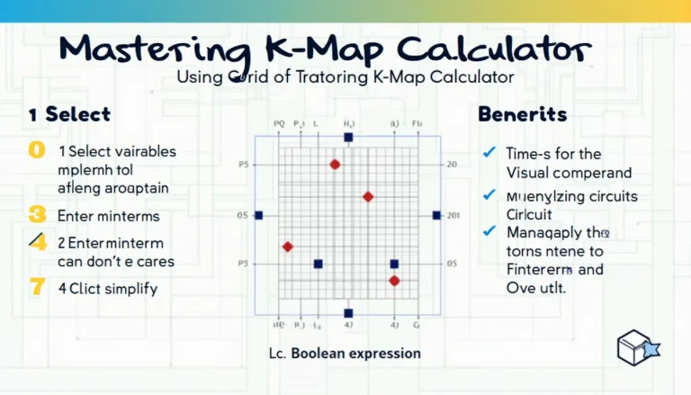 Unlock the power of Boolean simplification with our K-Map Calculator infographic – your visual guide to mastering Karnaugh maps and optimizing digital logic design.