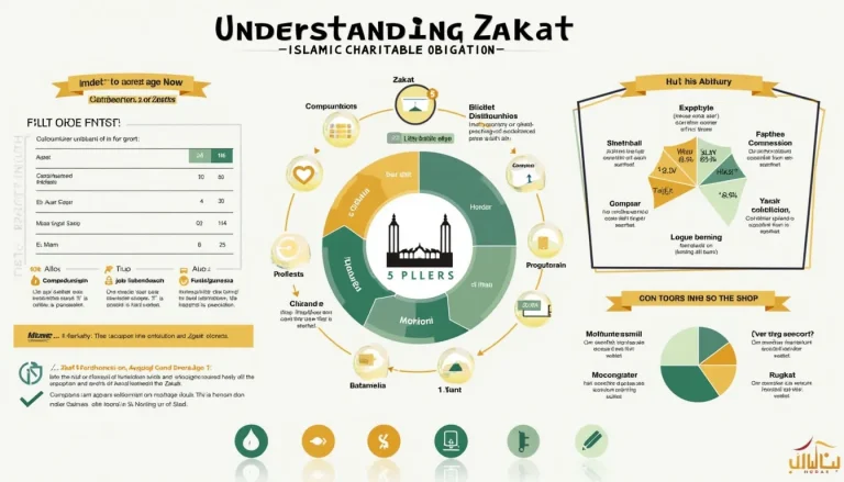 Discover the essence of Zakat, a key pillar of Islam, through this comprehensive infographic detailing its calculation, purpose, and benefits.