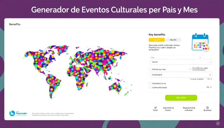 Descubre la riqueza cultural global con nuestro Generador de Eventos Culturales por País y Mes - tu puerta de entrada a celebraciones y tradiciones únicas alrededor del mundo.