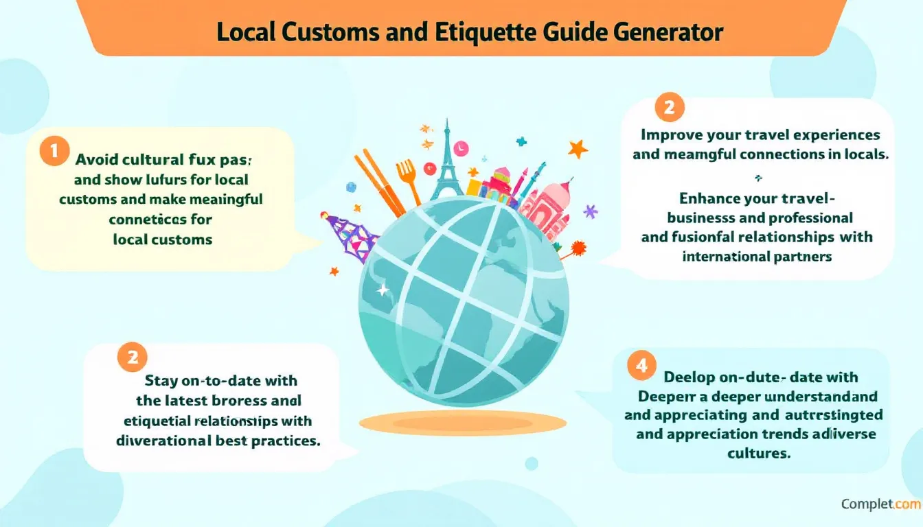 Discover the power of cultural intelligence with our Local Customs and Etiquette Guide Generator - your key to respectful and enriching travel experiences worldwide.