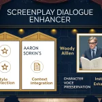 Transform your screenplay dialogue instantly with AI-powered enhancement tool that captures the essence of renowned screenwriters Aaron Sorkin and Woody Allen.