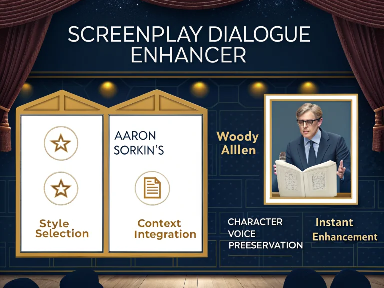 Transform your screenplay dialogue instantly with AI-powered enhancement tool that captures the essence of renowned screenwriters Aaron Sorkin and Woody Allen.