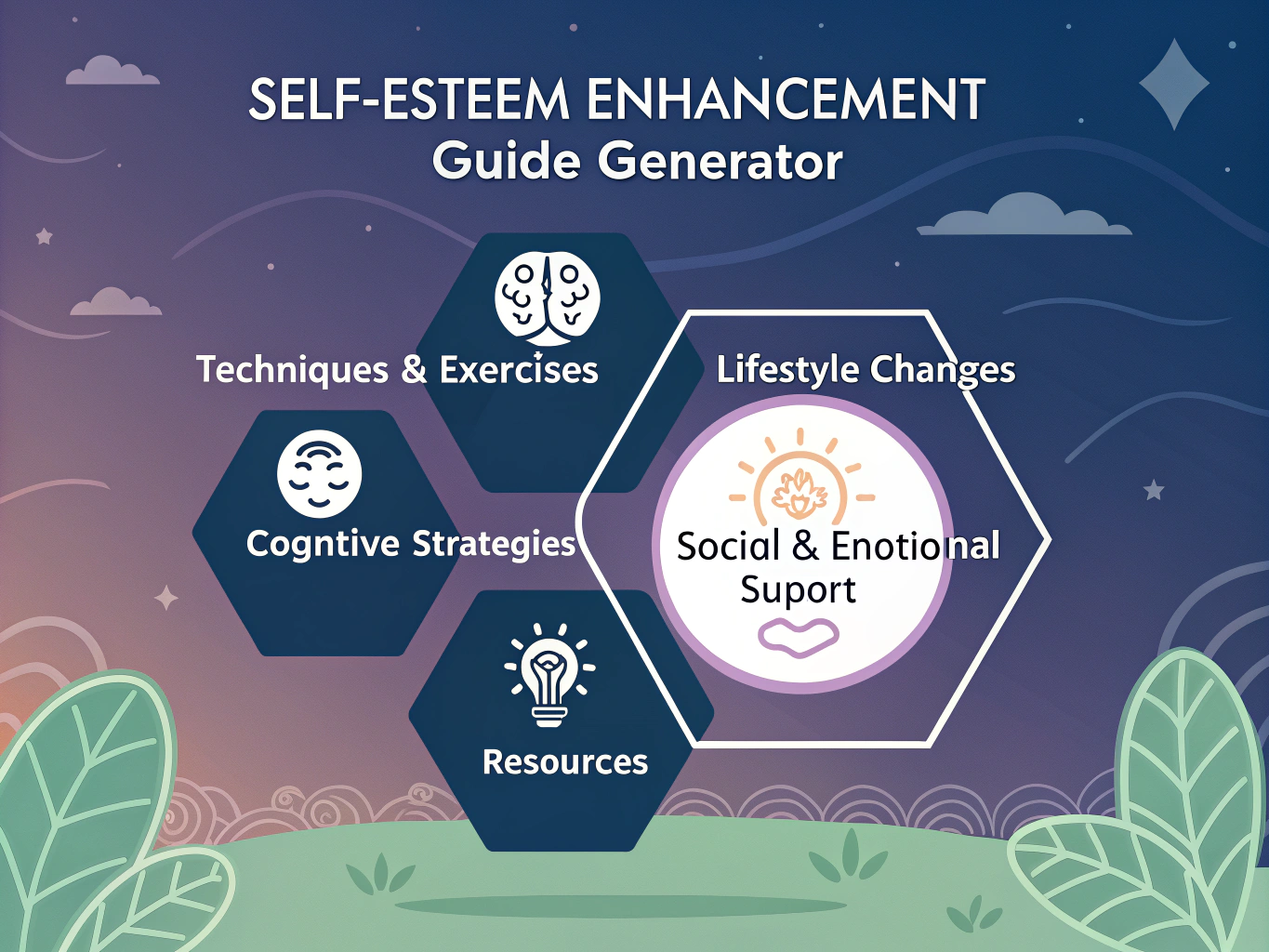 Transform your journey to self-improvement with our interactive Self-Esteem Enhancement Guide Generator - creating personalized roadmaps for building confidence and emotional well-being.