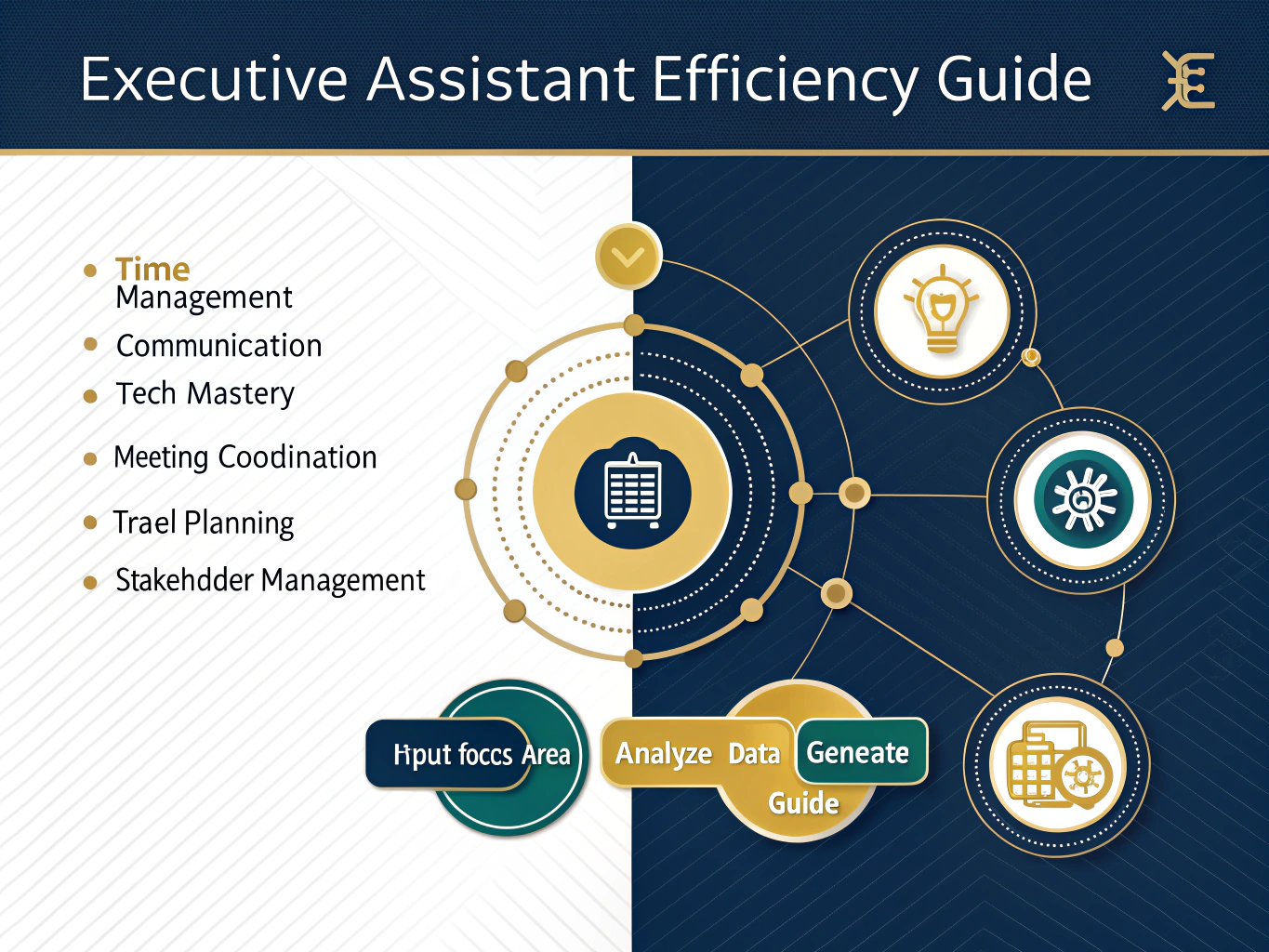 Transform your Executive Assistant role with our comprehensive Efficiency Guide Generator - delivering personalized strategies for peak professional performance.