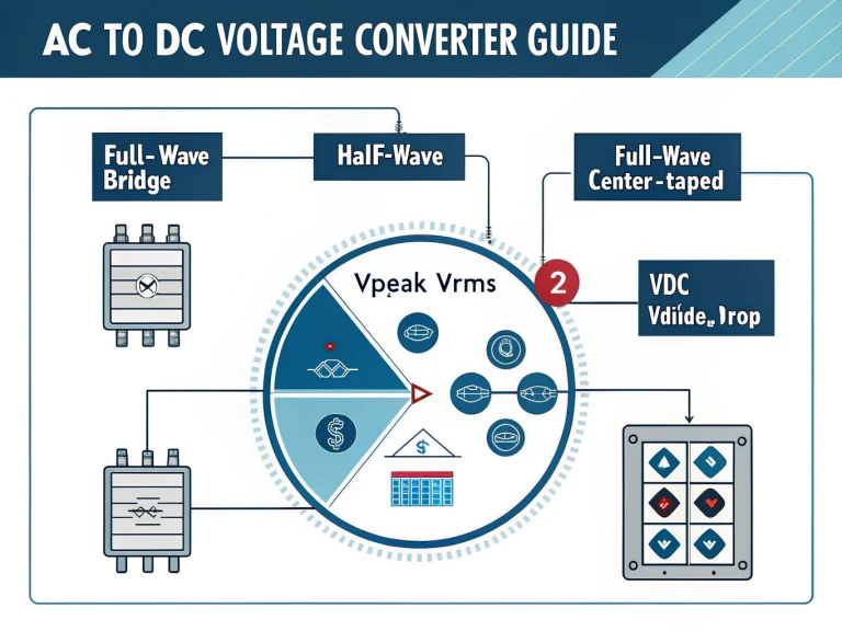 Comprehensive visual guide to AC to DC voltage conversion, featuring essential formulas, rectifier types, and practical calculator instructions for power supply design.